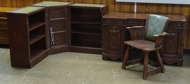 *5 PIECE DESK SET: Double pedestal desk, fitted with 3 drawers over 2 doors, pair of bookcases, chair with turquoise upholstered back, and a corner cabinet.