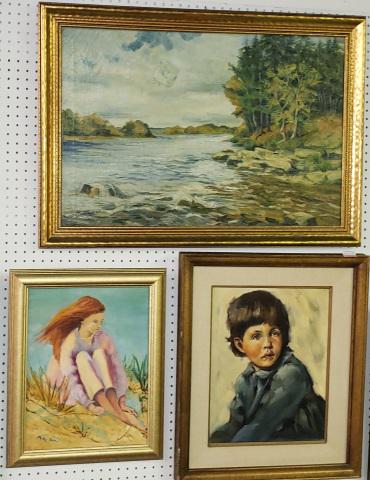 3 FRAMED PAINTINGS: River landscape (After Ashton Knight), young girl on sand signed Milly Ain, and portrait of boy signed Joan Thompson.