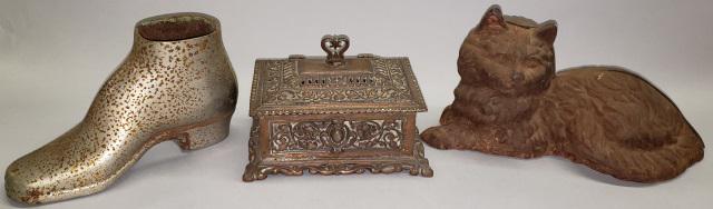 *3 PIECES: Two figural door stops, a boot and cat, along with a box with hinged top.