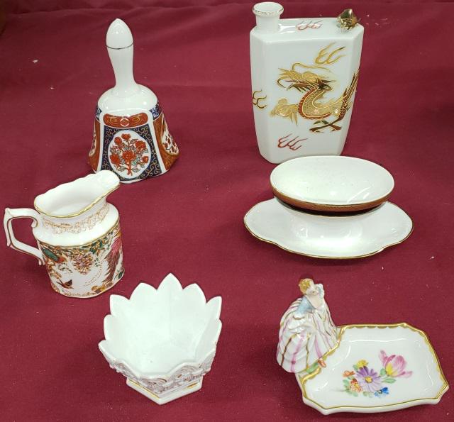 *GROUP OF PORCELAIN: Richard Ginori sauceboat with attached underdish, Royal Crown Derby Olde Avesbury creamer, Dresden figural tray, Japanese bottle, and a Royal Crown Derby bell.