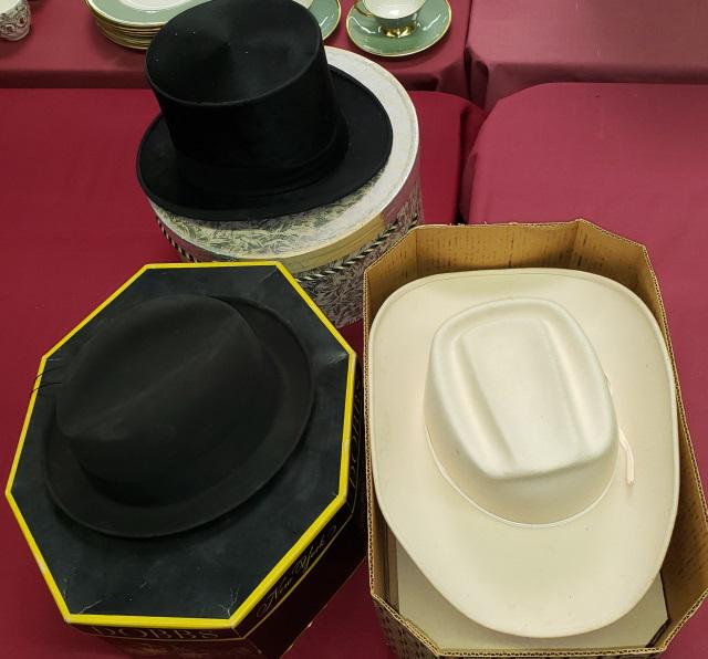 3 HATS: Fedora by Beachey & Lawlor, top hat, cowboy hat from Morris mens shop, and Fedora by Dobbs.