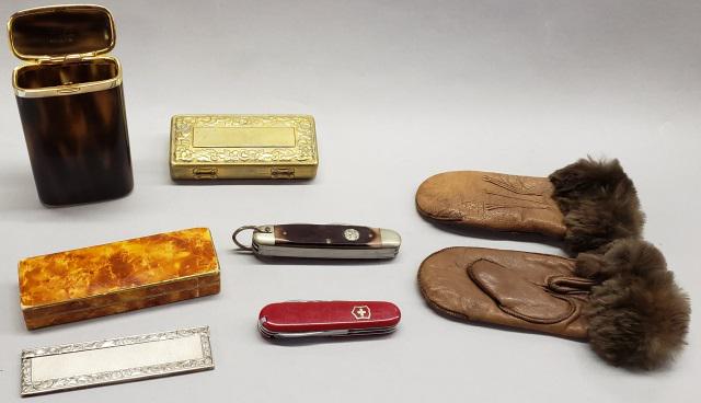 GROUP: Faux tortoise shell tea caddy, Boy Scout knife, Swiss army knife, Inuit leather gloves with fur, etc.