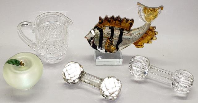 5 PIECES OF GLASS: Art glass fish, Orient & Flume apple form paperweight, 2 cut glass knife rests, and a creamer.