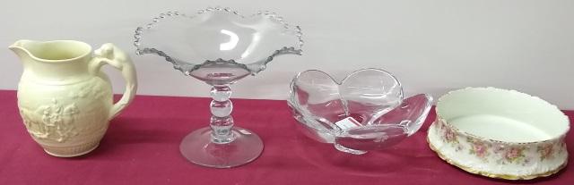 *4 PIECES: Orrefors floral-form footed bowl, approximate diameter 9", glass footed compote, height 8", diameter 9 5/8", Limoges porcelain bowl, height 2 5/8", diameter 8 3/4", and Wedgwood pitcher having fox hun