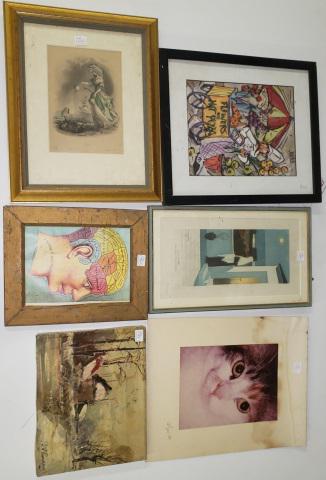 *6 PIECES ART: Etching by Puvis Chavannes, book plate by unknown artist, photograph of cat, medical lithograph, oil on canvas, and print of flower vendor, largest piece (cat) approximately 14" x 11".