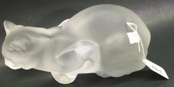 ***LALIQUE GLASS FIGURE: Depicting crouching cat, in clear and frosted glass, signed "Lalique France", approximate height 4 1/4".