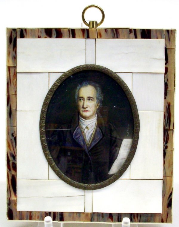 ***MINIATURE CONTINENTAL OVAL PORTRAIT ON IVORY: Circa 1900, depicting Johann Wolfgang Von Goethe, artist signed "Stieler" middle right, approximate image size 3 1/4" x 2 1/2", in an ivory and tortoise shell frame. Note: items containing ivory will 
