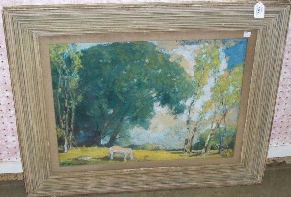 ***CASER, ETTORE: (1880-1944 American) Impressionist landscape with grazing horse, framed oil on paper board, in attributed Newcomb-Macklin frame, signed lower left, partial remains of label and indistinct numbers on f