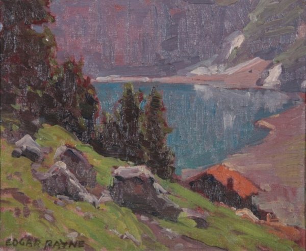 ***PAYNE, EDGAR: (1883-1947 American) "Swiss Lake", framed oil on canvas mounted to board, signed lower left, has artist studio label with title verso, and Elsie Palmer Payne label on frame verso, approximate size 8" 