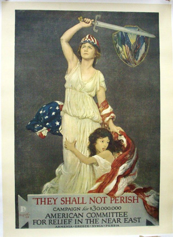 ***AFTER DOUGLAS VOLK: (1856-1935 American) "They Shall Not Parish", unframed lithograph poster mounted to linen, artist identified and dated 1918 lower left, approximate image size 44" x 27".