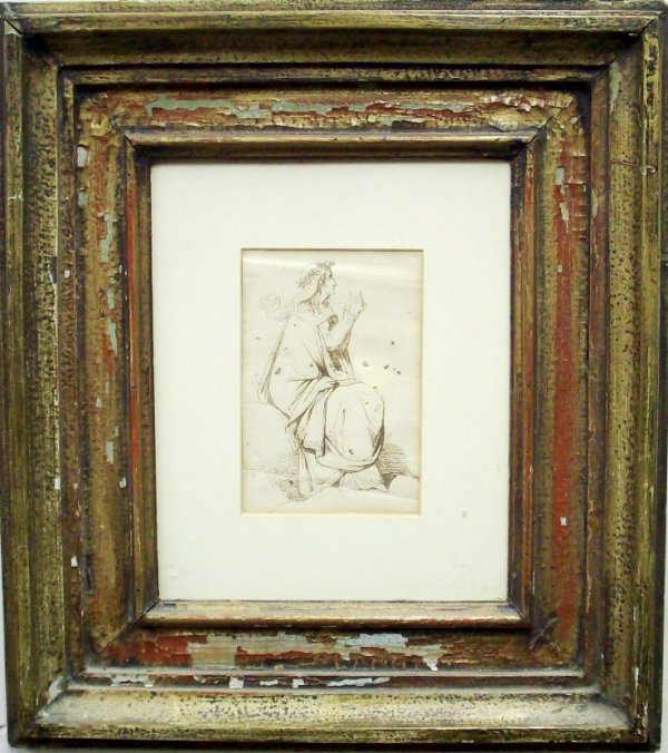 ***UNKNOWN ARTIST: (18th/Early 19th Century European School) Old master style portrait depicting religious figure seated in clouds, brown ink on paper, approximately 6 1/2" x 4 5/8", with frame 18 5/8" x 16 5/8".