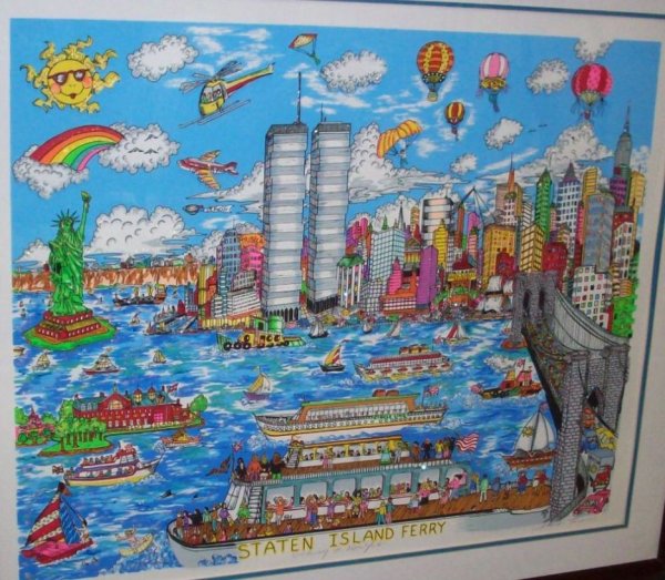 FAZZINO, CHARLES: (20th Century American) "Stanton Island Ferry, Gateway to New York", framed mixed media colored serigraph and lithograph, signed in pencil lower right margin, numbered 38/400 in pencil lower left marg