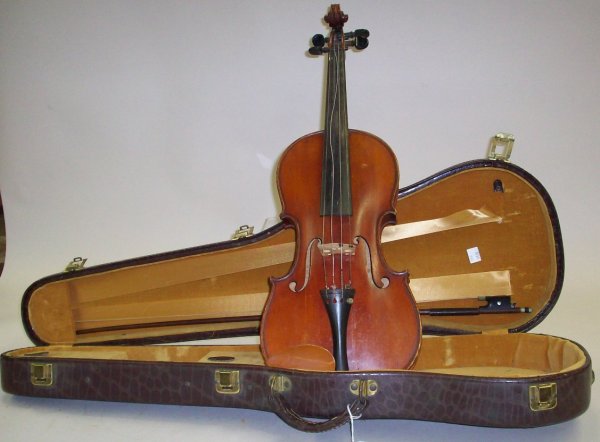 VIOLIN: Having label marked "Balthasar Klotz & Sohne", complete with bow and case.