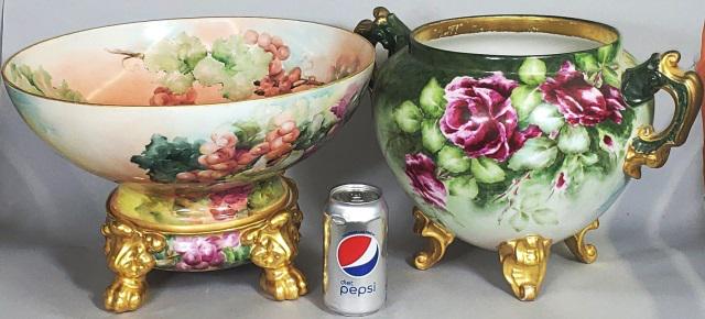 *2 HAND-PAINTED PORCELAIN BOWLS: 1 2-piece punch bowl with grape leaf design, bowl marked "T&V France", base marked "J.P.L. France", signed "Fannie M. Simpson", approximate height 9 5/8", diameter 15 1/4", and 1 2-handled footed bowl
