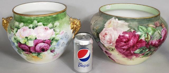 *2 HAND-PAINTED PORCELAIN BOWLS: 1 with elephant-head handles with floral decoration, marked on underside "J.P.L. France", approximate height 7 7/8", diameter with handles 12", and 1 bowl having floral decoration, marked on underside