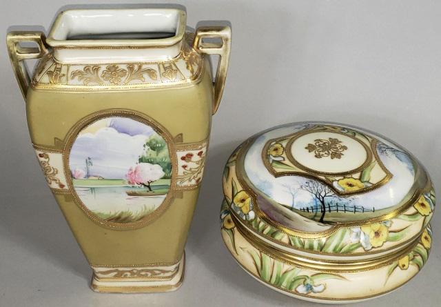 *2 PIECES OF NIPPON HAND-PAINTED PORCELAIN: Both with landscape and floral decoration, 2-handled vase, approximate height 8 7/8", and dresser jar, diameter 7".