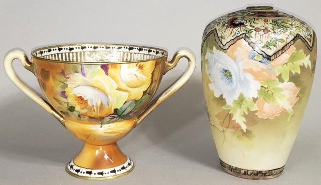 *2 PIECES OF NIPPON HAND-PAINTED PORCELAIN: Both with floral decoration, vase, approximate height 8", and 2-handled footed bowl, height 6".