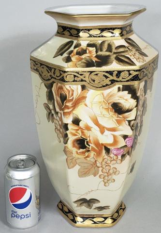 *LARGE NIPPON PORCELAIN VASE: 6-sided vase with floral and leaf decoration, approximate height 15 1/4".