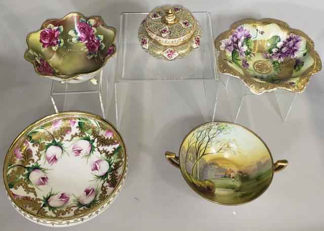 *5 PIECES OF NIPPON HAND-PAINTED PORCELAIN: 3 footed bowls with floral decoration, covered jar with floral decoration, and 2-handled bowl with landscape decoration, widest diameter approximately 8 7/8".