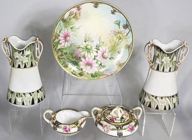 *5 PIECES NIPPON HAND PAINTED PORCELAIN: Pair of 2-handled vases, plate 9 15/16", creamer and covered sugar, all having floral decoration.