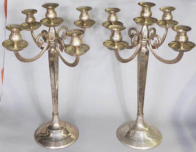 *PAIR OF SILVERPLATE CANDELABRA: Fitted with 5 branches, scroll arms and hexagonal support, approximate height 20 1/4".