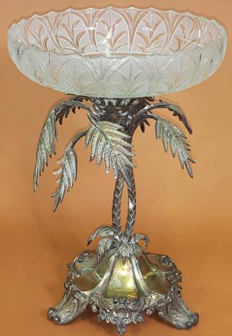 *PERIOD STYLE COMPOTE: Having cut glass bowl raised on brass base, decorated with palm tree, approximate height 13 1/2".