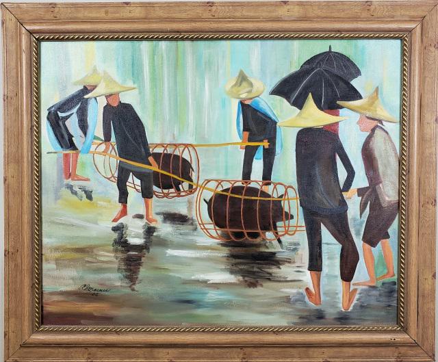 *A. MARCUS ORIGINAL OIL PAINTING: A. Marcus (Late 20th/Early 21st C.), Asian laborers, framed oil on canvas, signed lower left, dated '05, approximately 24" x 30", with frame 30" x 36".