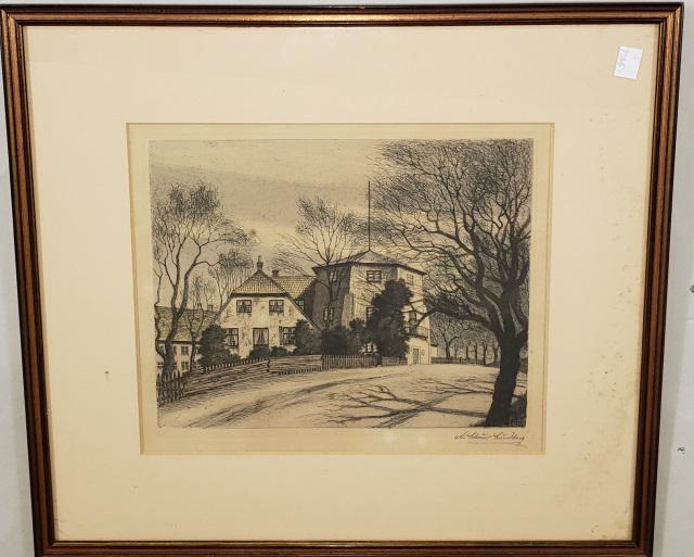 *A. LUNDBERG ORIGINAL AQUATINT ETCHING: A. Lundberg (Early 20th C. German), street scene, framed aquatint etching, signed lower right, approximately 9 1/4" x 11 1/4", with frame 17" x 19".