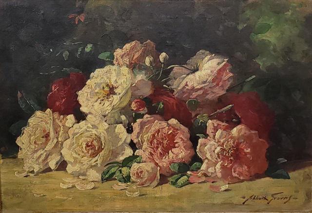 *ABBOTT FULLER GRAVES ORIGINAL OIL PAINTING: Abbott Fuller Graves (1859-1936 American), impressionist still life with roses on table, framed oil on canvas, signed lower right, approximately 14" x 20", with frame 16" x 22".