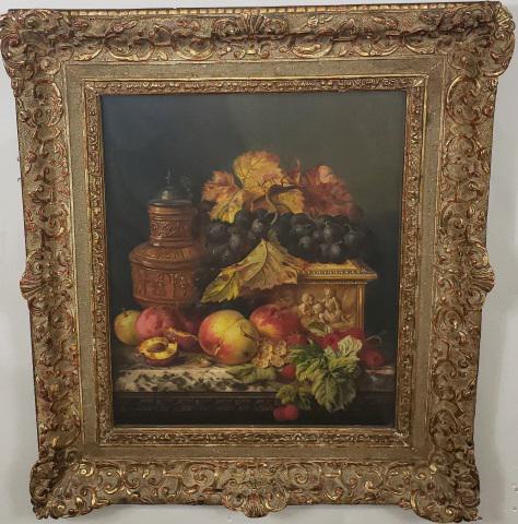*EDWARD LADELL ORIGINAL OIL PAINTING: Edward Ladell (1821-1886 English), still life with fruit and objects on marble table, framed oil on Winsor Newton London canvas, monogrammed lower left, housed under non-reflective glass, approximatel
