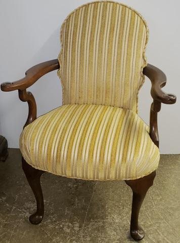 *PAIR OF QUEEN ANNE STYLE ARM CHAIRS: Having gold striped upholstery raised on cabriole legs ending in padded feet, approximate height 36 1/2".