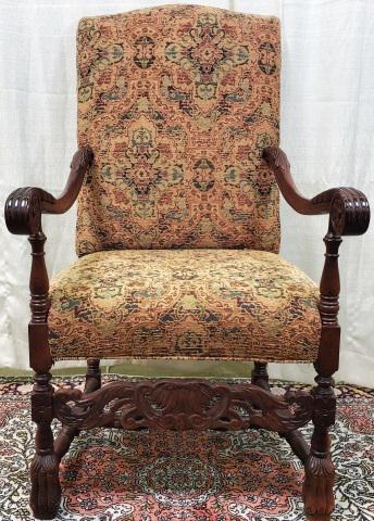 *BARONIAL ARMCHAIR: Having multicolored upholstered back and seat, scroll arms ending in acanthus leaves.
