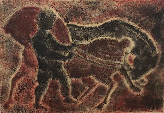 *LEBANDANG ORIGINAL COLORED LITHOGRAPH: Lebandang (1933- Vietnamese), figure with horses, framed colored lithograph, signed lower right, approximately 16" x 22", with frame 22 1/2" x 29".