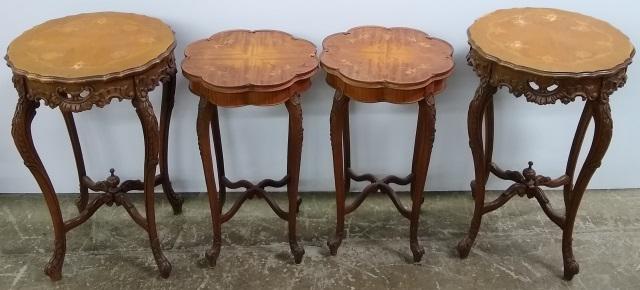 *2 PAIR OF LOUIS XV STYLE SIDE TABLES: Having shaped top, raised on sabre legs, having inlaid scroll and floral decoration, approximate height 29 1/4", diameter 18 1/2", other one is height 27", diameter 16".