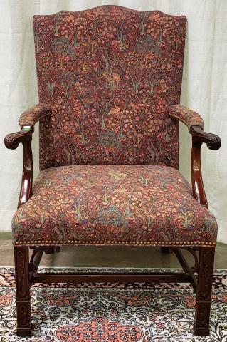 *GEORGIAN STYLE ARMCHAIR: Having foliated back, seat, and armrests, raised on square legs, approximate height 41".