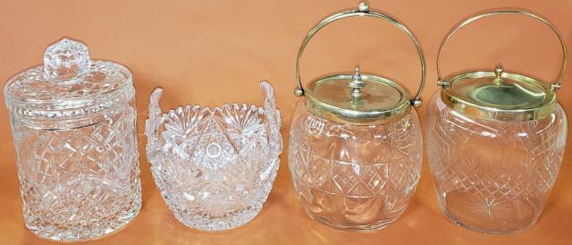 *4 PIECES OF GLASS: 3 biscuit jars, one with glass lid and 2 with silverplate lids, along with a cut glass 2-handled bowl, height of glass lid 7 3/4".
