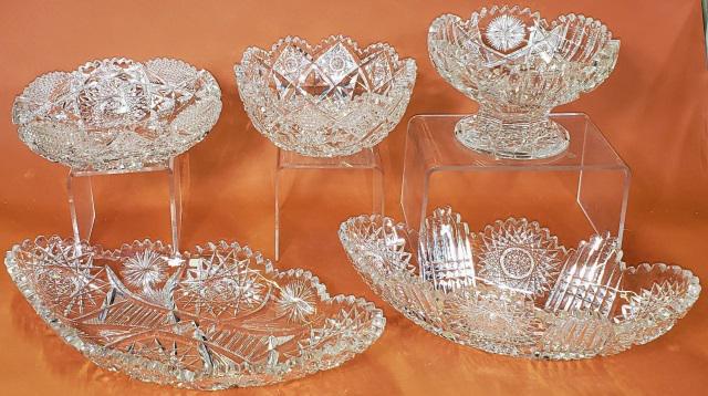 *5 PIECES OF CUT GLASS: Tallest piece 4 3/8", longest piece 14".