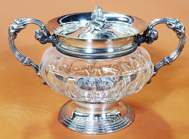 *FRENCH CHRISTOFLE COVERED BOWL: French Christofle silverplate and crystal covered bowl, approximate height 5 1/2", width with handles 8 1/4, depth 5 1/2".