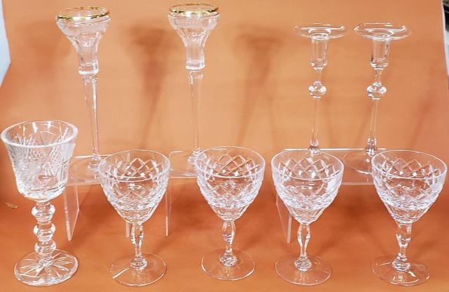 *9 PIECES OF GLASS: 2 pair crystal candlesticks, a goblet marked Galway, and 4 Val St. Lambert stems, tallest is 10 3/8".