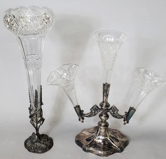 *2 EPERGNES: One with metal stand and single glass vase, other is silverplate with 3 glass vases, tallest is 15 1/2".