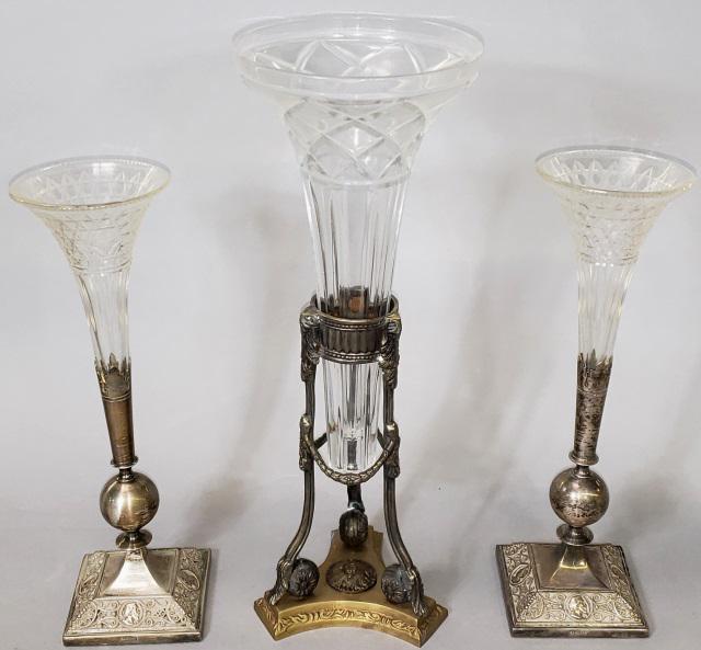 *3 EPERGNES: A pair of epergnes with silverplate stands and single glass vase each, and a metal and brass epergne with single glass vase, tallest height 15".