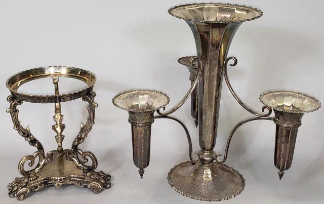 *2 PIECES SILVERPLATE: A silverplate epergne with large vase in center, and 3 removable vases, and a silverplate center bowl stand, tallest 12 1/4".