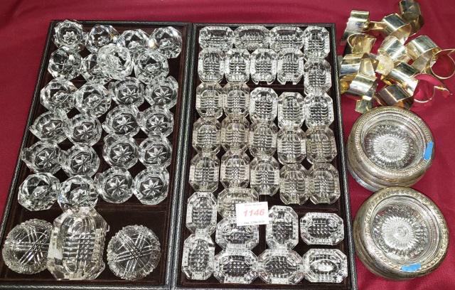 *3 GROUPS: 2 groups of salts, 12 silverplate napkin rings, and 8 sterling and glass coasters.