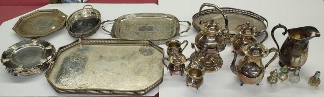 *GROUP OF MISC SILVERPLATE: Trays, tea and coffee service, water pitcher, etc.