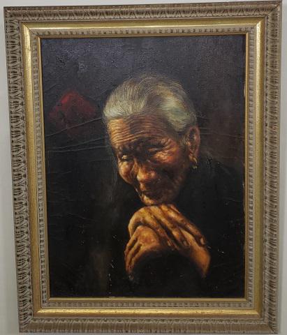 *T. WONG ORIGINAL ACRYLIC PAINTING: T. Wong (Mid-20th C. Chinese), portrait of elderly woman, framed acrylic on Grace Arts-marked canvas, approximately 24" x 17 3/4", with frame 29" x 23".