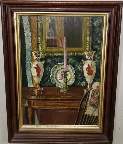 *BRIDGMAN ORIGINAL DOUBLE-SIDED WORK: Bridgman (Late 19th/Early 20th C. American), double-sided work, interior scene and still life with flowers, flowers side has small monogram and date of 1908, approximately 17" x 11 3/4", with frame 21