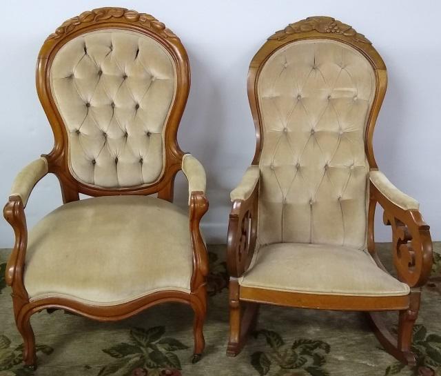 *2 PIECES: Victorian gentleman's chair with tufted beige upholstery and ladies rocker.