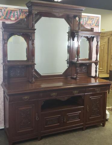 *GEORGIAN STYLE CHINA CABINET: Upper section fitted with 3 mirrors with flat molded cornice, lower section fitted with 3 drawers and 4 doors, approximate height 98 1/2", width 84", depth 26 1/2".