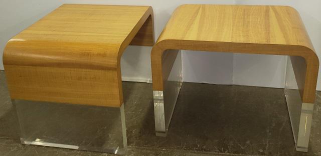 *PAIR OF VLADIMIR KAGAN SIDE TABLES: Pair of Vladimir Kagan u-shaped side tables, with rounded edges, made of straight line olive ash wood and acrylic, has tag on bottom of each reading "Hand Made in the Work Shops of Vladimir Kagan, Vla