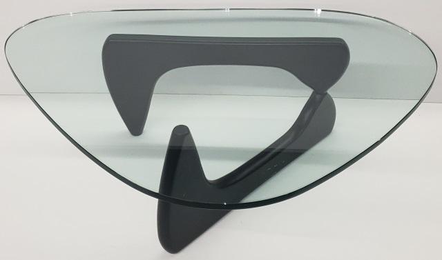 ISAMU NOGUCHI COFFEE TABLE: Isamu Noguchi for Herman Miller, having biomorphic glass top, raised on ebonized birch two piece base with aluminum rod connector supports, originally purchased from the Sears, Roebuck and Co. Corpora